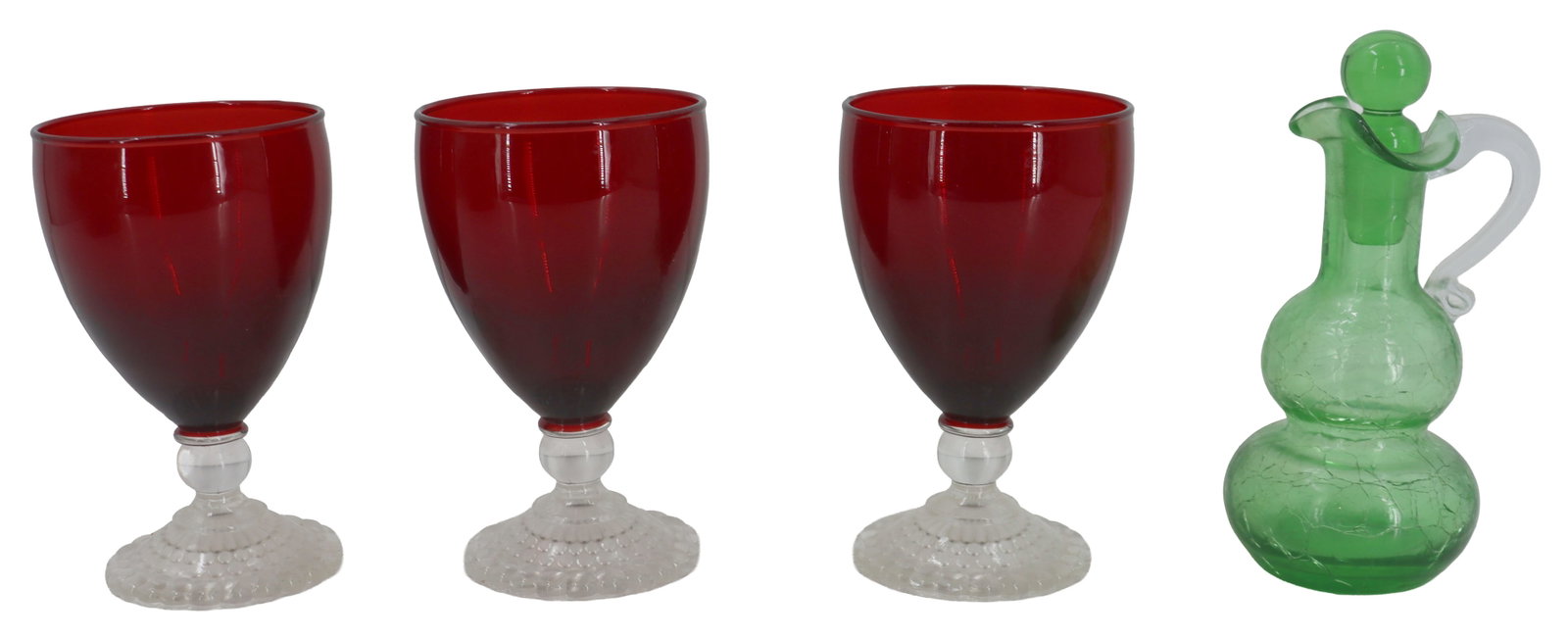 (3) Anchor Hocking 1940s "Royal Ruby" Goblets and (1) Blenko Glass Crackle Pitcher Cruet (1 of 18)