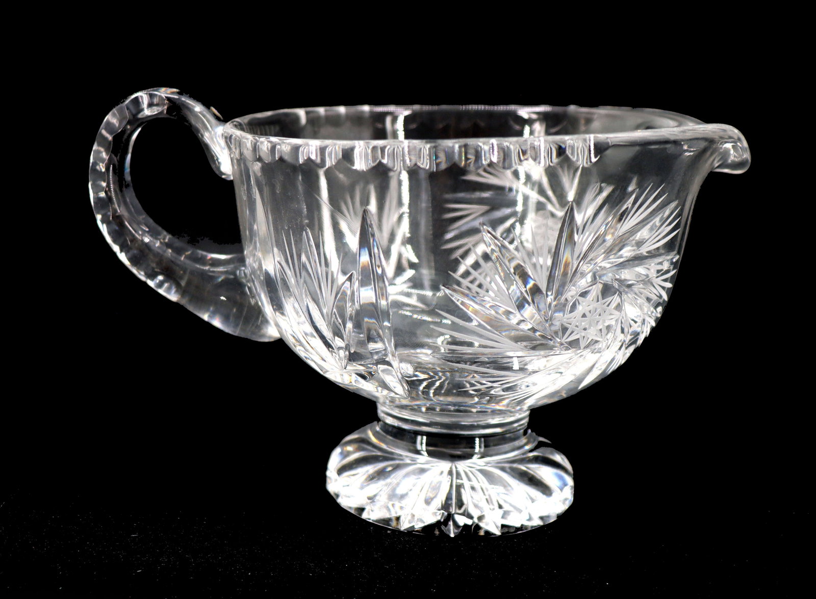 Vintage Cut Crystal Gravy Boat: Vintage Cut Crystal Gravy Boat. Size: 4 1/2 x 8 in.