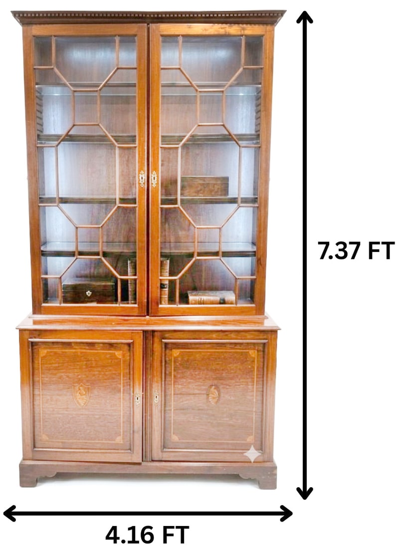 Antique English Mahogany Campaign Style Display Case: English Antique Mahogany Campaign Style Display Case. Traditional-style mahogany hutch features a dentil-molded cornice over two upper glass doors with geometric octagonal mullions, set above a lower 