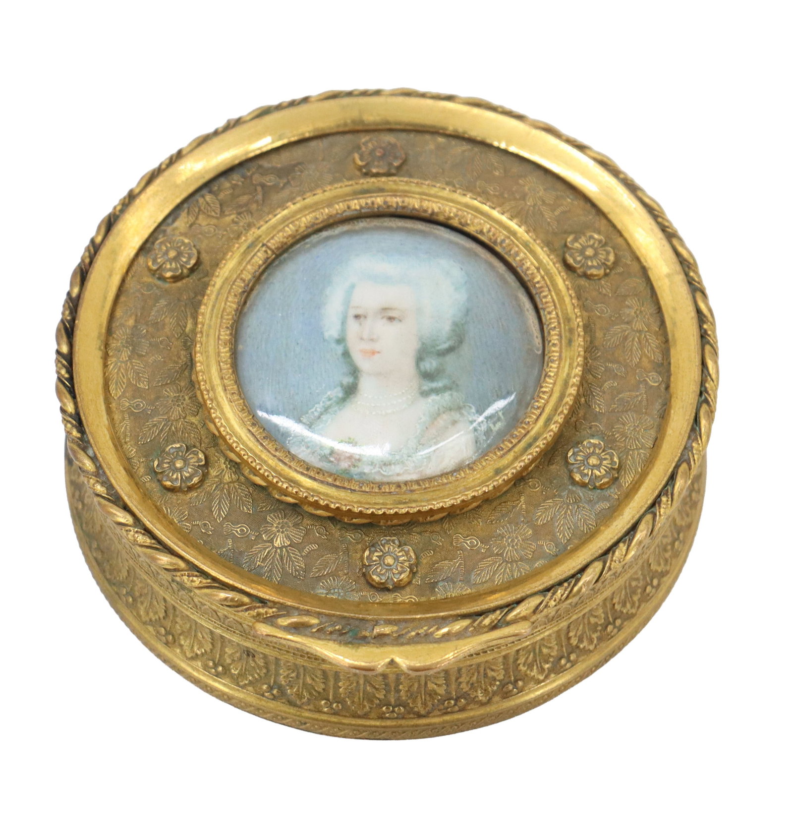 French Gilt Bronze Round Powder Box with Hand Painted Porcelain Portrait in Lid (1 of 12)