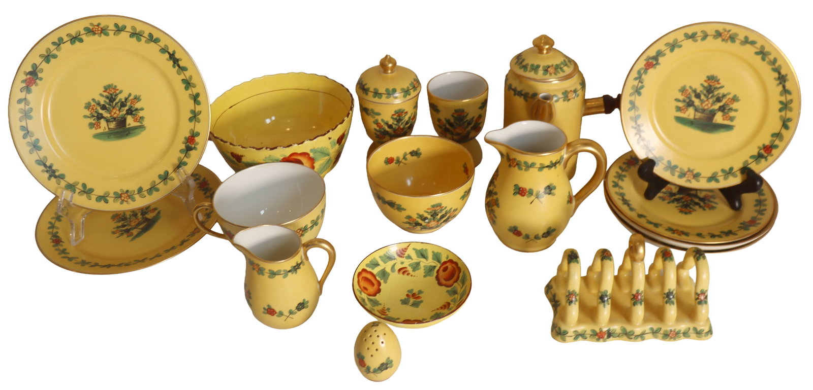 (17) Piece Vintage French Hand-Painted Porcelain Breakfast & Tea Service by Mrs. Ehrich: (17) Piece Vintage French Hand-Painted Porcelain Breakfast & Tea Service by Mrs. Ehrich. Early-to-mid 20th-century provincial style featuring a sunny yellow base coloration. Marked. Con