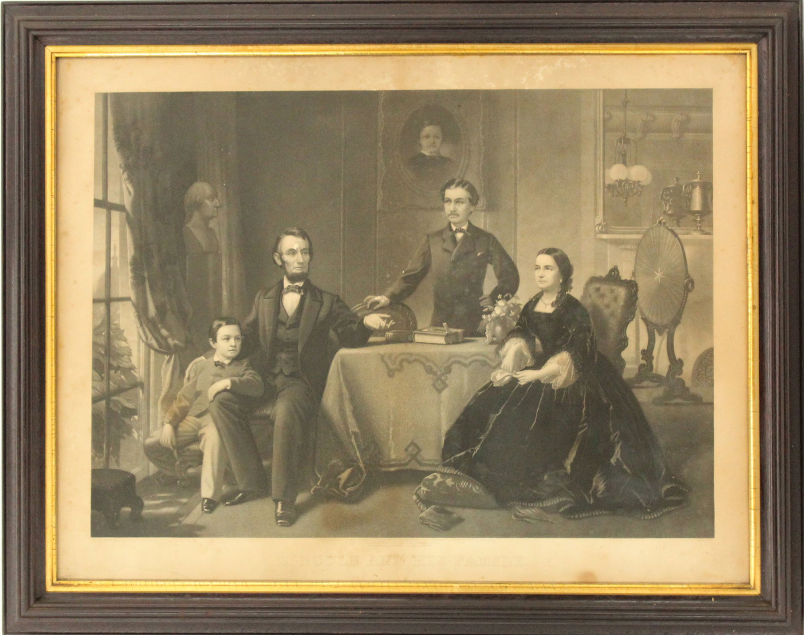 After Samuel Waugh (1814-1885) American, Framed William Sartain Engraving of Lincoln: After Samuel Waugh (1814-1885) American, Framed William Sartain Engraving of Lincoln. Portrait of Lincoln and his family, engraved by William Sartain (1843-1924). Title "Lincoln and His Fam