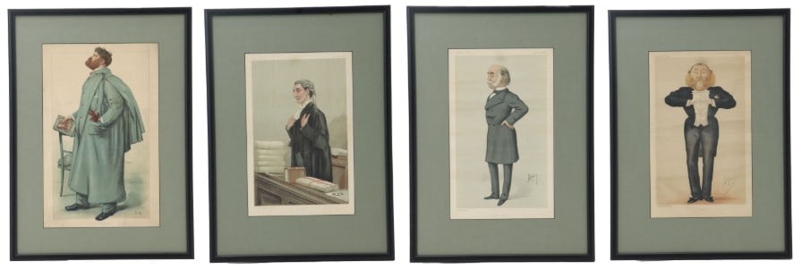 Carlo "Ape" Pellegrini (Ape) (1839-1889) Italian, 19th Century Vanity Fair Lithograph Caricatures of: (4) 19th Century Vanity Fair Lithograph Caricatures of Prominent Gentlemen. Four antique Vanity Fair lithographs depicting caricatures of prominent 19th-century gentlemen, including a legal figur