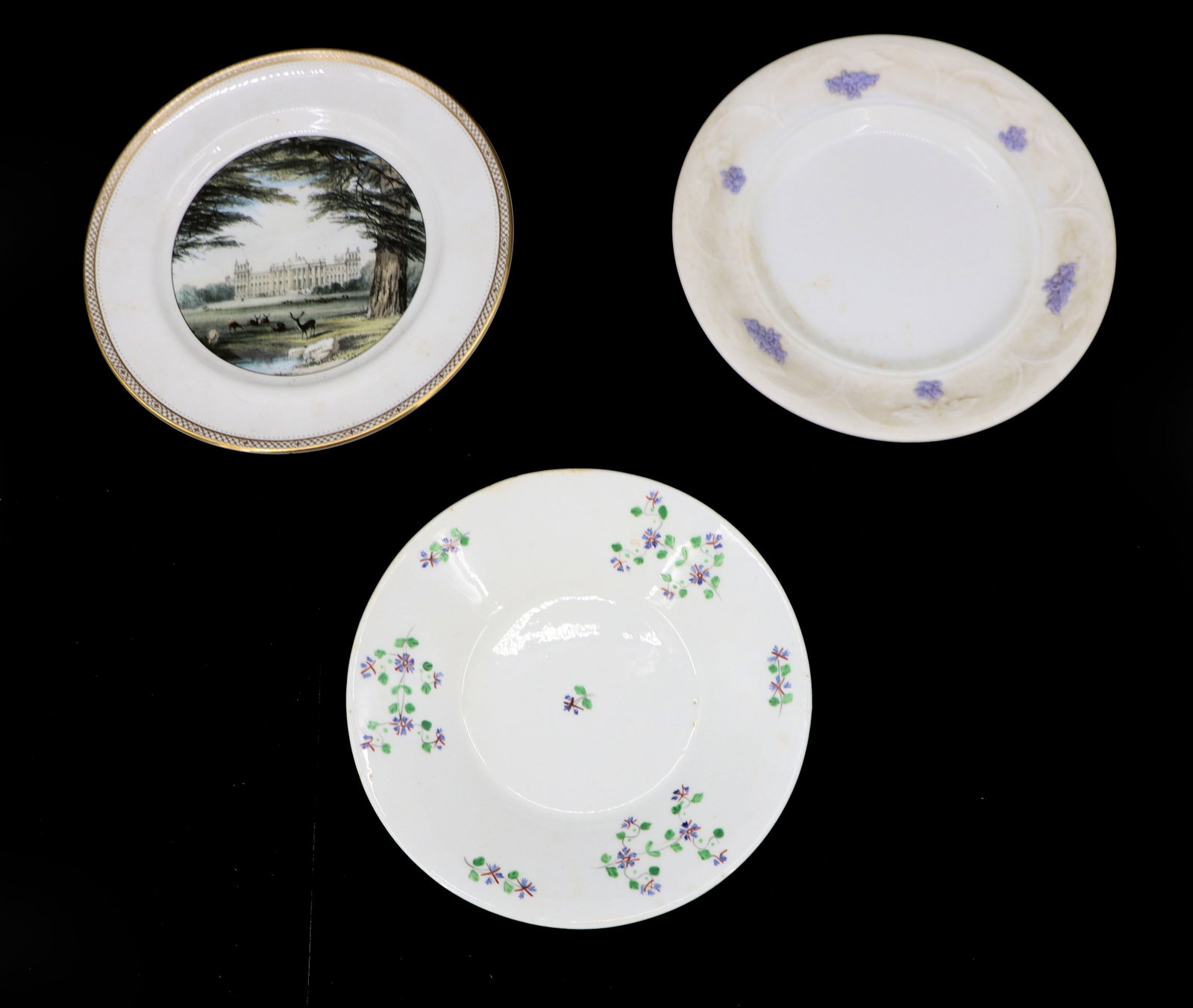 (3) English Bone China Plates: (3) English Bone China Plates. Two marked, one not. All different designs and makers. Condition: Hairline near rim on one piece. Size: 8 x 8 x 1/2 in.