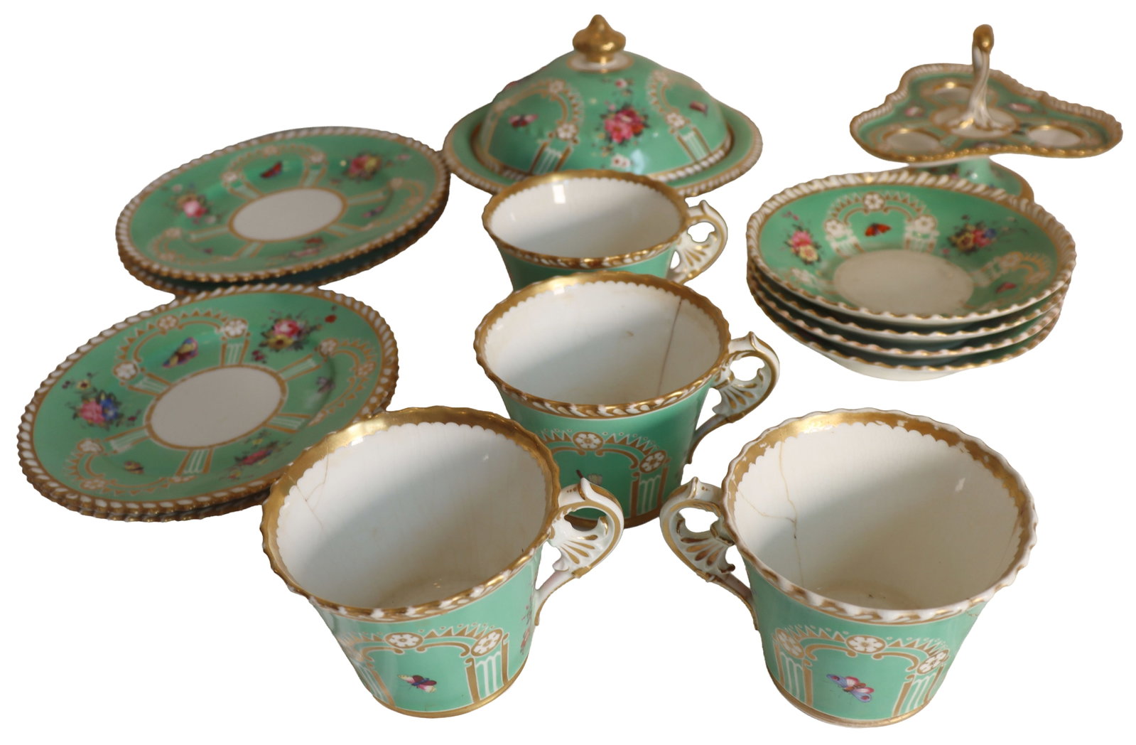 (14) Antique English Porcelain Apple Green and Chinoiseries Pieces: (14) Antique English Porcelain Apple Green and Chinoiseries Pieces. Accented by an architectural neoclassical pattern paired with whimsical hand-painted botanical and insect elements. Includes 4 cups,