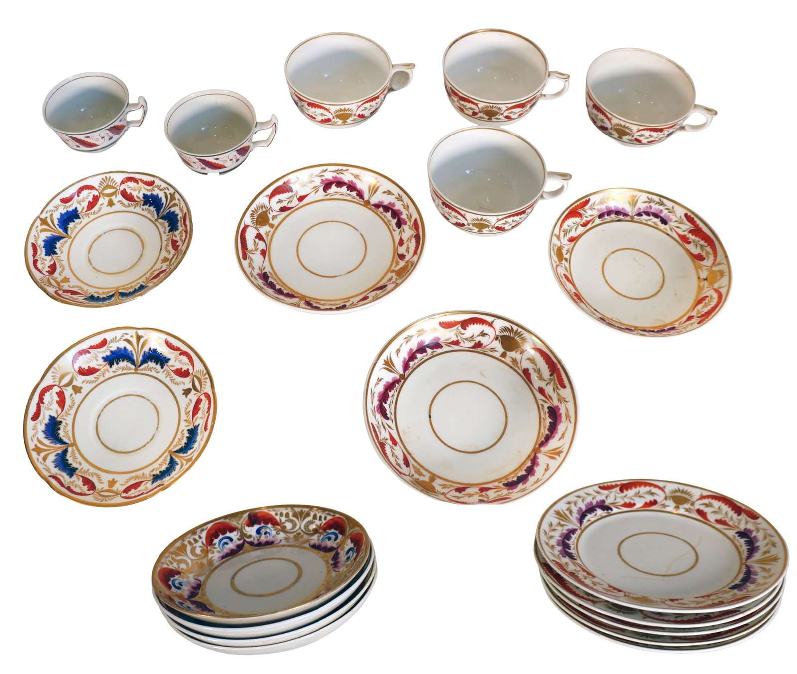 (20) English Bloor Derby and T. Goode & Co. Porcelain: (20) English Bloor Derby and T. Goode & Co. Porcelain. Includes (11) English Porcelain Tea Set Pieces. Some marked. Includes 6 cups and 5 saucers. Hand-painted with variations of a classic Ne