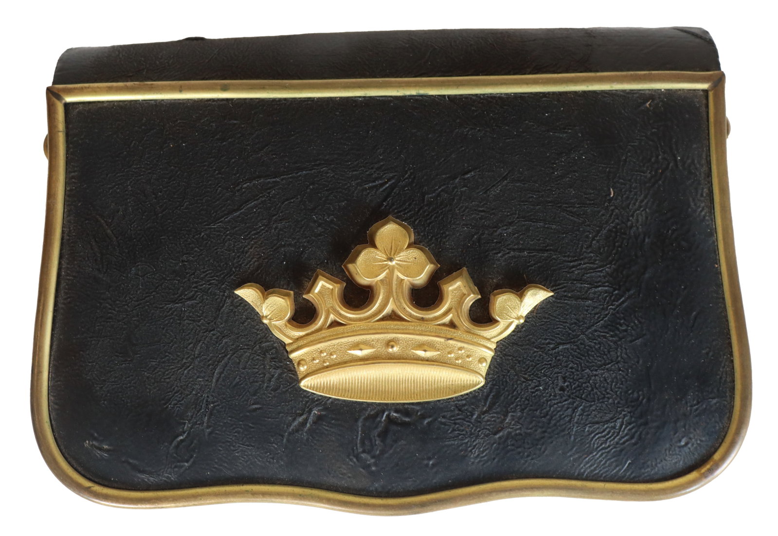 Circa 1850 English Royal Guard Leather Cartridge Case: Circa 1850 English Royal Guard Leather Cartridge Case. +Black leather English Royal Guards cartridge case featuring brass trim and a prominent gold-colored crown emblem centered on the front flap. Siz