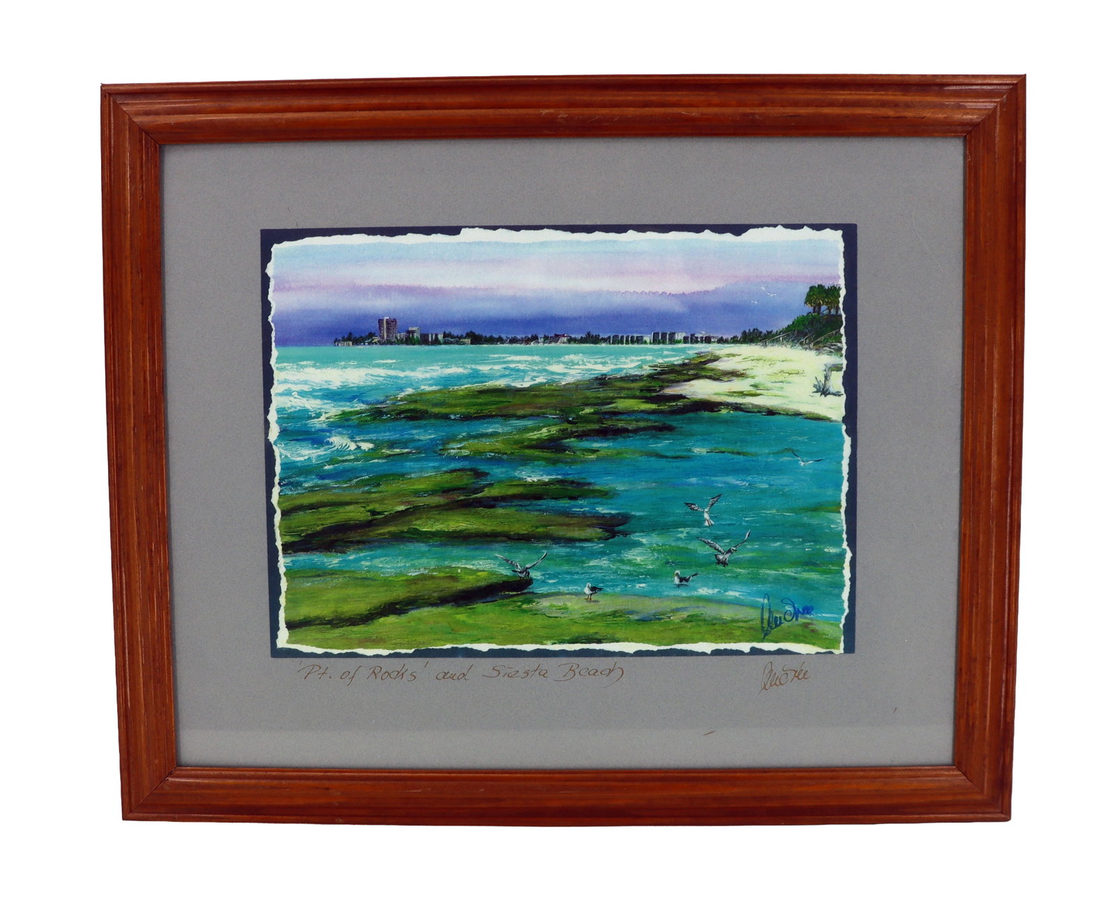 Signed Audree (19th Century) American, Watercolor on Paper Siesta Beach Landscape: Signed Audree (19th Century) American, Watercolor on Paper Siesta Beach Landscape. Vibrant coastal scene of "Pt. of Rocks" and Siesta Beach, featuring mossy rock formations meeting bright tu