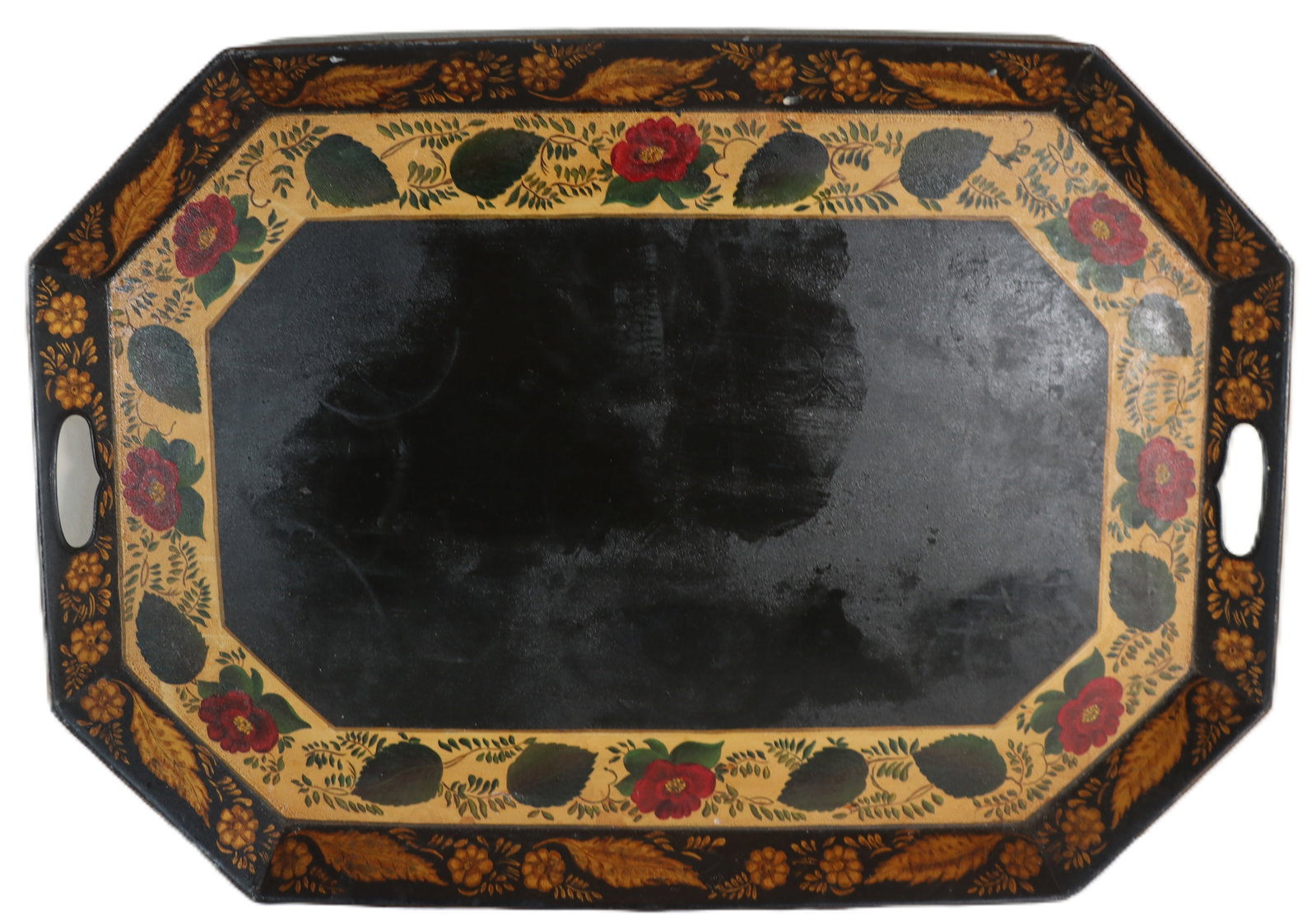 Vintage Hand-Painted Metal Toleware Serving Tray: Vintage Hand-Painted Metal Toleware Serving Tray. Octagonal metal serving tray featuring built-in handle cutouts and a black center panel framed by two distinct borders of hand-painted floral and