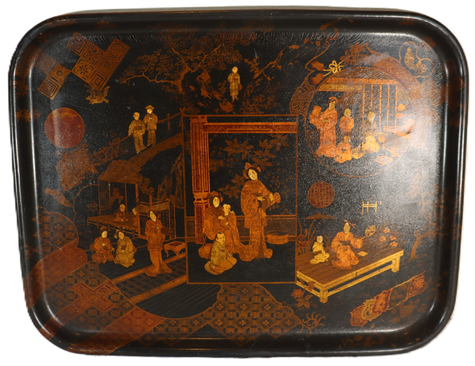 19th Century Chinoiserie Black Lacquer Serving Tray (1 of 11)