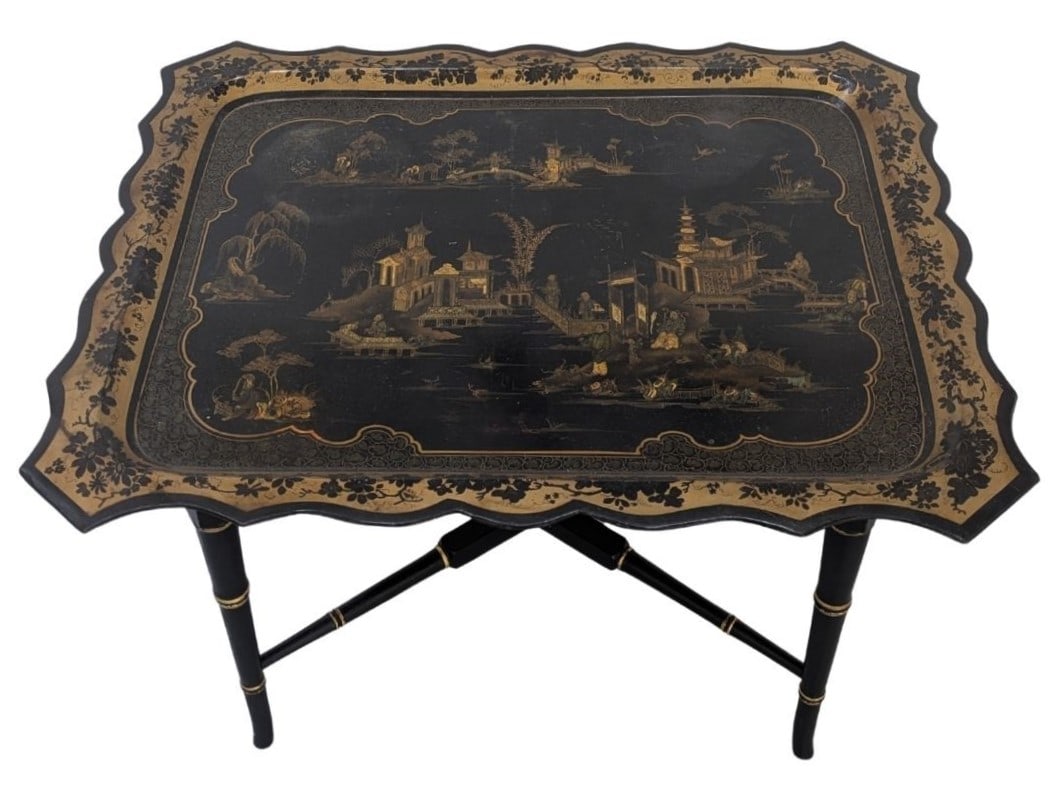 Chinese Regency-Style Lacquered Cocktail Table: Chinese Regency-Style Lacquered Cocktail Table. Features a hand-painted tray top with a scalloped serpentine edge, and crossed supports between the four legs with gilded strips to resemble bamboo