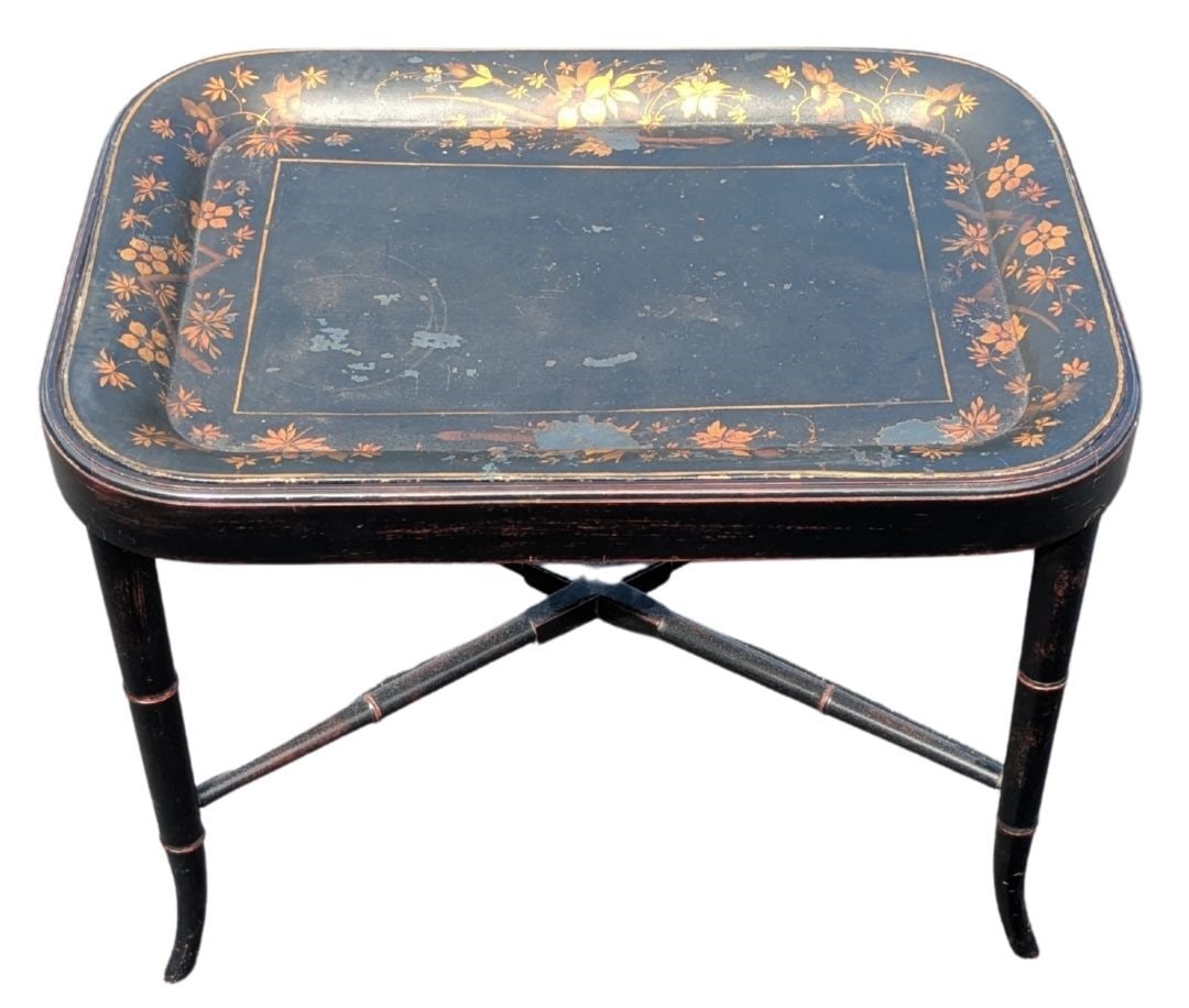 Chinese Regency-Style Lacquered Cocktail Table - AS IS: Chinese Regency-Style Lacquered Cocktail Table - AS IS. Simple but striking red and gold floral decorations around the rounded edges of the lacquered tray, which can come off the top of the table for 