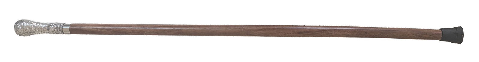 Vintage Wooden Walking Cane with Engraved Metal Handle: Vintage Wooden Walking Cane with Engraved Metal Handle. Classic wooden walking cane featuring a polished brown shaft, a textured black rubber tip at the bottom, and an ornately engraved, silver-c