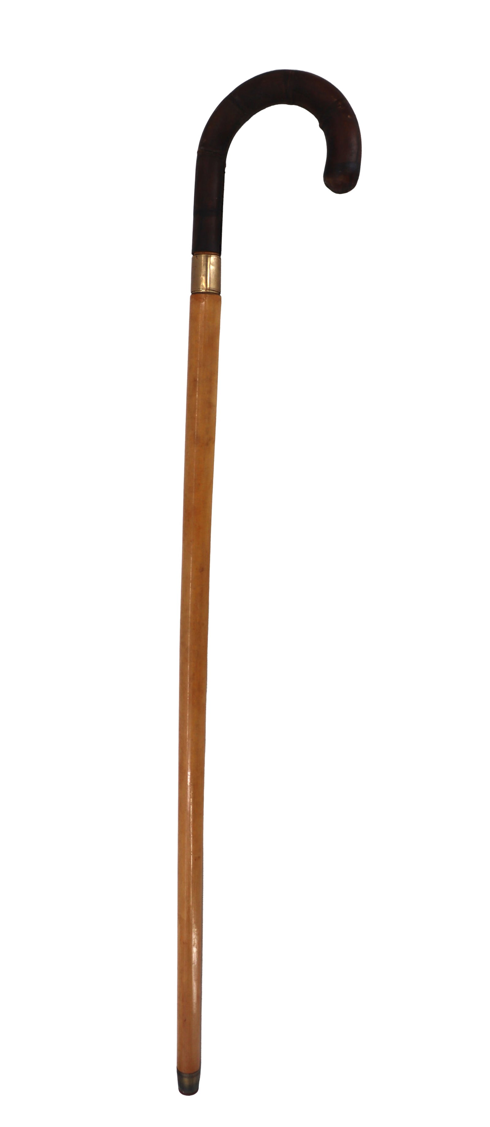 Vintage Hand Carved Wooden Walking Stick: Vintage Hand Carved Wooden Walking Stick. Vintage walking cane featuring a light wood shaft, a dark curved crook handle, and a decorative metallic collar band above a metal tip. Size: 35 x 5 in.