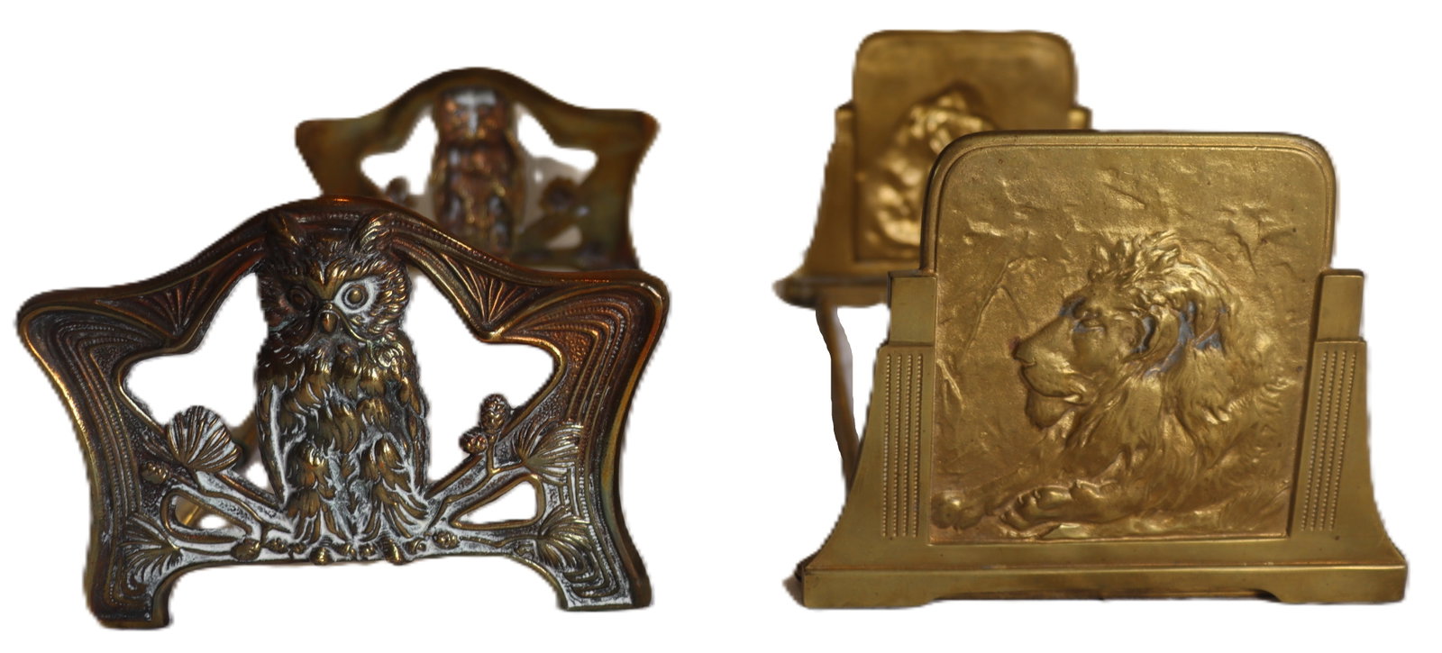 (2) Pair of Vintage Art Nouveau Metal Bookends: (2) Pair of Vintage Metal Bookends. Two pairs of vintage metal bookends: one pair featuring an Art Nouveau cutout design of an owl on a pine branch, and the other featuring a relief casting of a recum