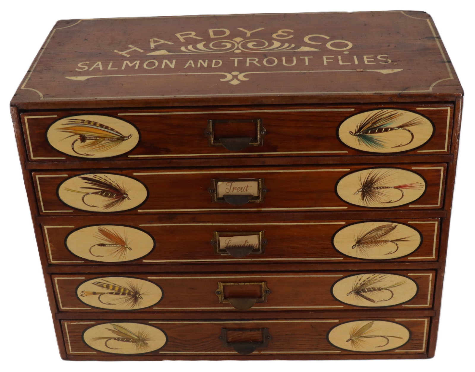 Antique Hardy & Co. Salmon and Trout Fly Fishing Cabinet: Antique Hardy & Co. Salmon and Trout Fly Fishing Cabinet. Vintage wooden "Hardy & Co." multi-drawer fly cabinet featuring five labeled drawers accented with hand-painted or illustrat