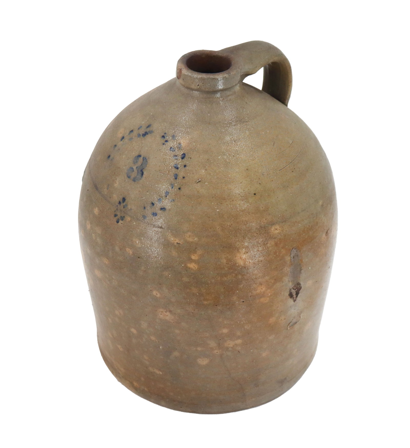 19th Century American Salt-Glazed Stoneware Jug: 19th Century American Salt-Glazed Stoneware Jug. Antique salt-glazed stoneware whiskey jug featuring a sturdy strap handle, a mottled tan and brown slip finish, and a cobalt blue "3" stamped