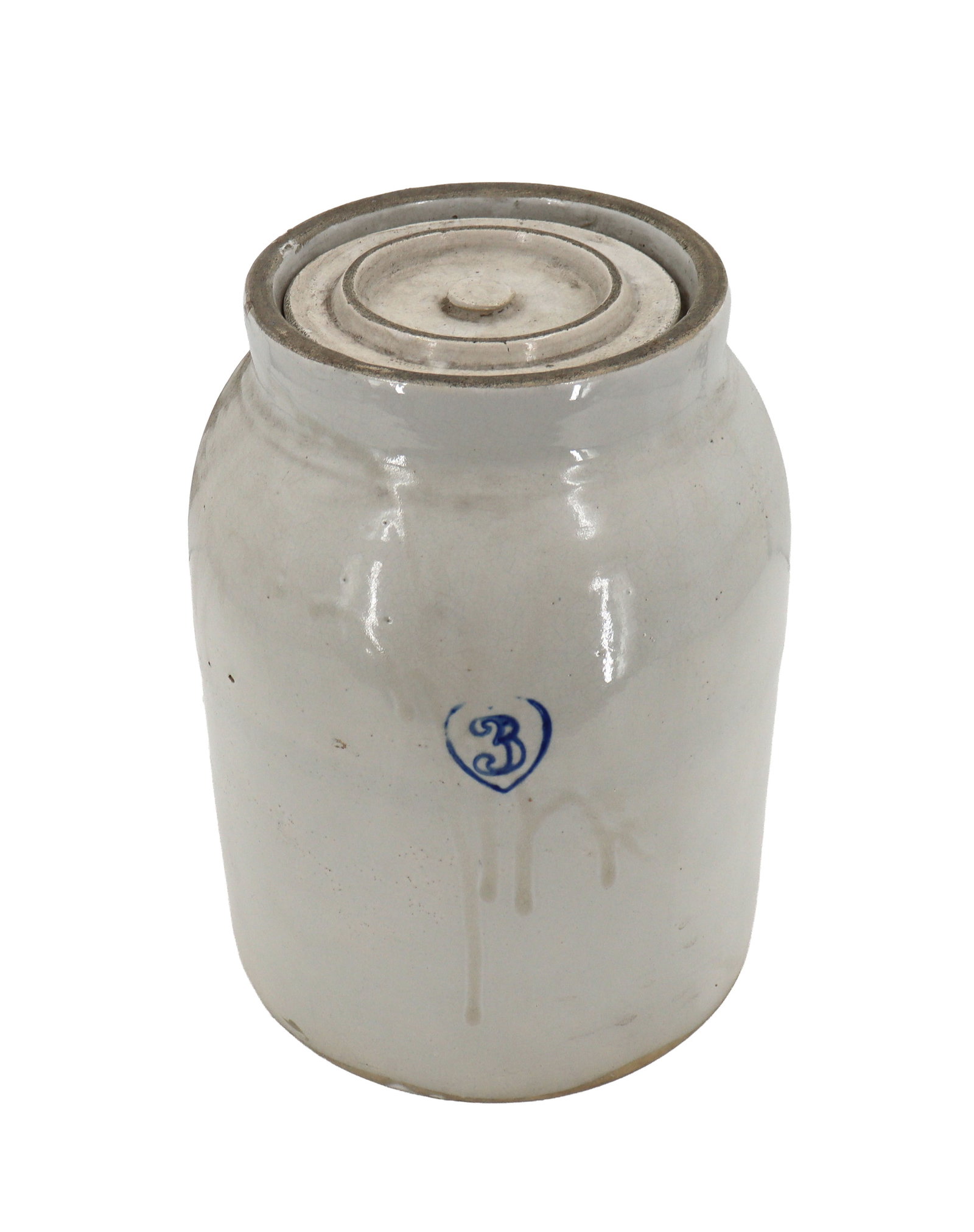 Antique Red Wing Stoneware Crock Pot: Antique Red Wing Stoneware Crock Pott. Antique salt-glazed stoneware crock featuring a matching inset lid, a glossy cream-colored finish with natural glaze drips, and a cobalt blue "3" stamp