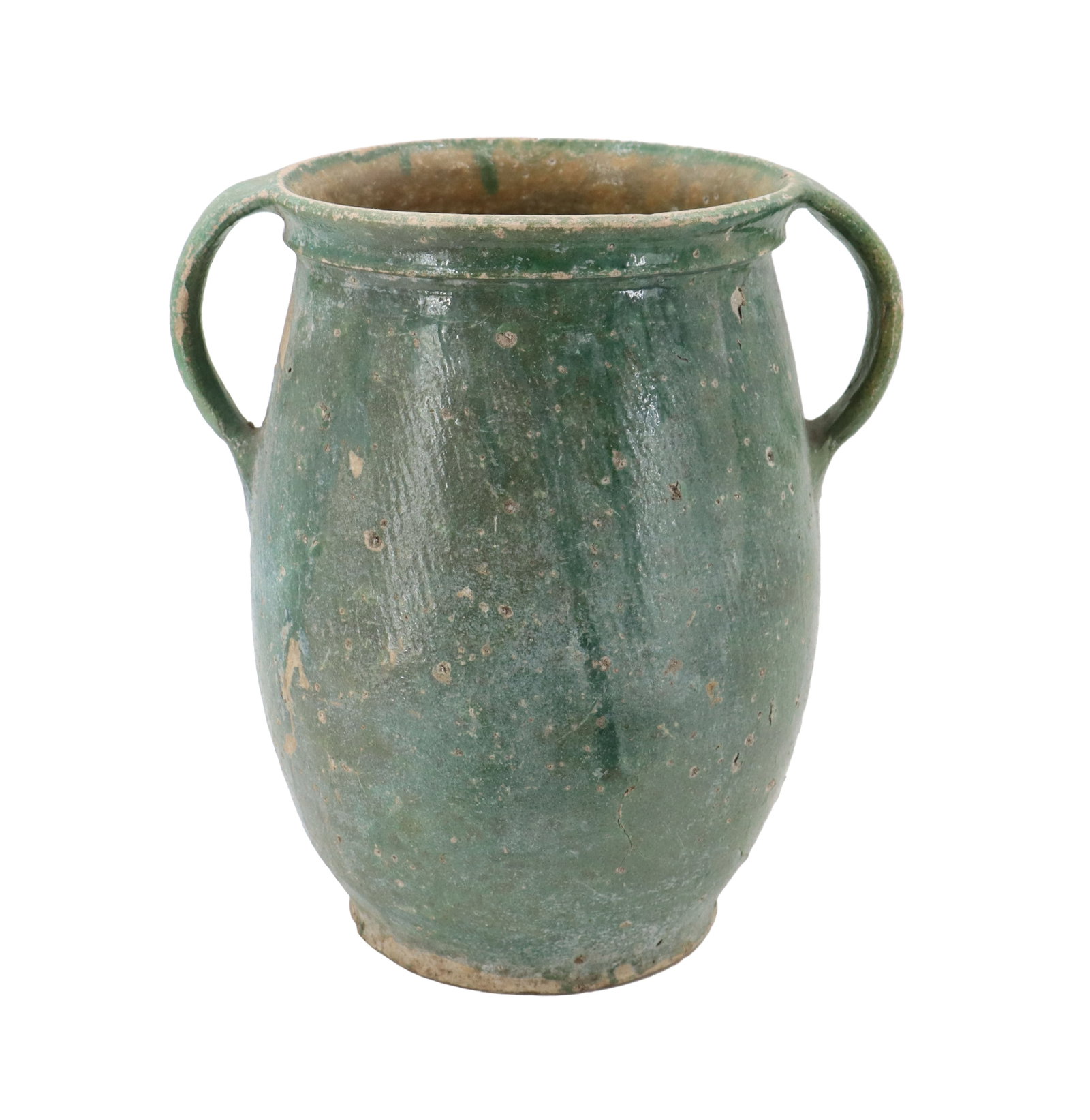 Antique Terracotta Green Glazed Pottery Jar: Antique Terracotta Green Glazed Pottery Jar. Rustic, antique green-glazed terracotta amphora jar featuring two loop handles and a weathered, textured surface with visible signs of age and wear. Condit