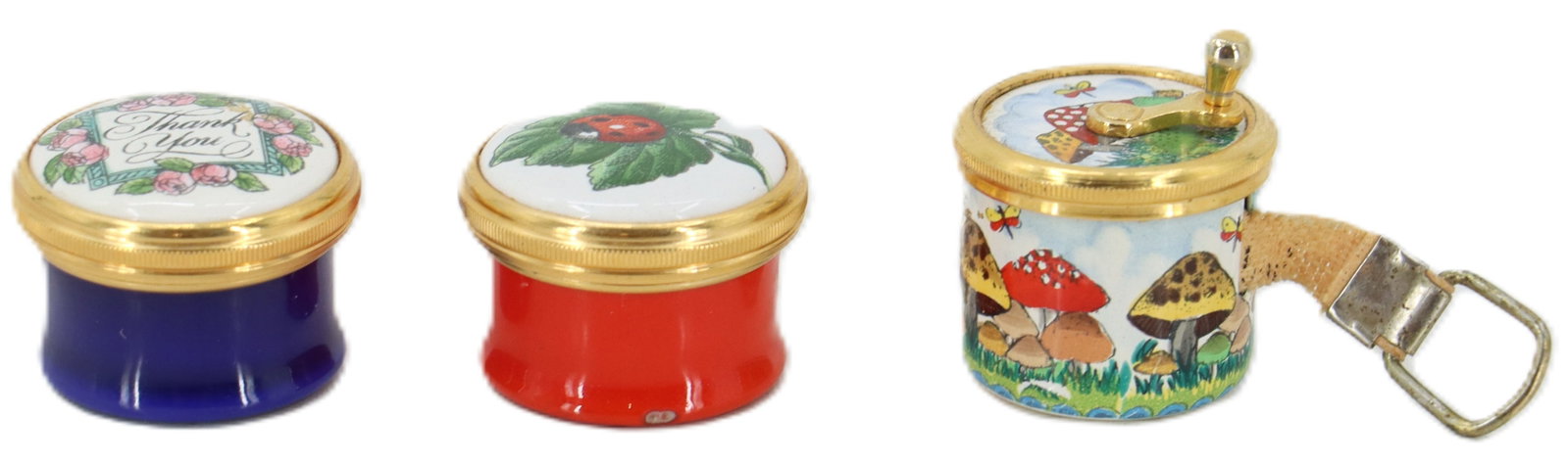 Bilston Battersea Halcyon Days Enameled Tape Measures: Bilston Battersea Halcyon Days Enameled Tape Measures. Three miniature enamel tape measures, featuring decorative lids with a "Thank You" message, a ladybug on a leaf, and a mushroom scene c