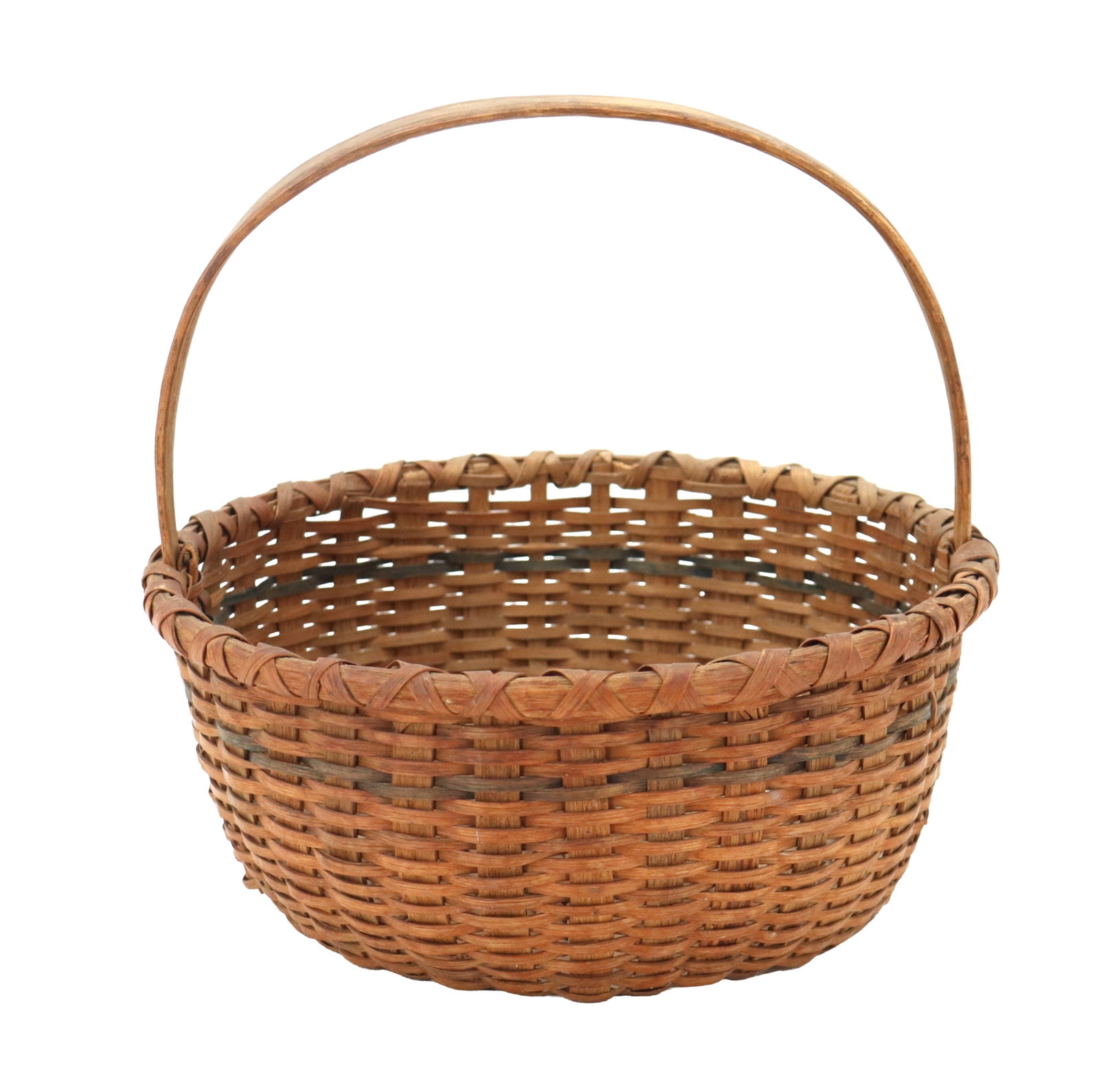 Early Nantucket Bentwood Handle Woven Basket: Early Nantucket Bentwood Handle Woven Basket. Round, hand-woven splint basket crafted from natural brown wood with dark accent bands and a tall, curved overhead carrying handle. Size: 9 x 9 1/2 x 9 1/