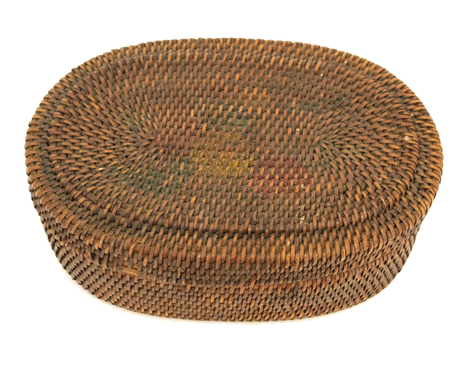 Antique Woven Southern Sewing Basket: Antique Woven Southern Sewing Basket. Small woven rattan basket with sewing fabric inside and a label indicating it was made circa 1880-1900, along with a prior price. Size: 4 1/2 x 6 3/4 x 4 in