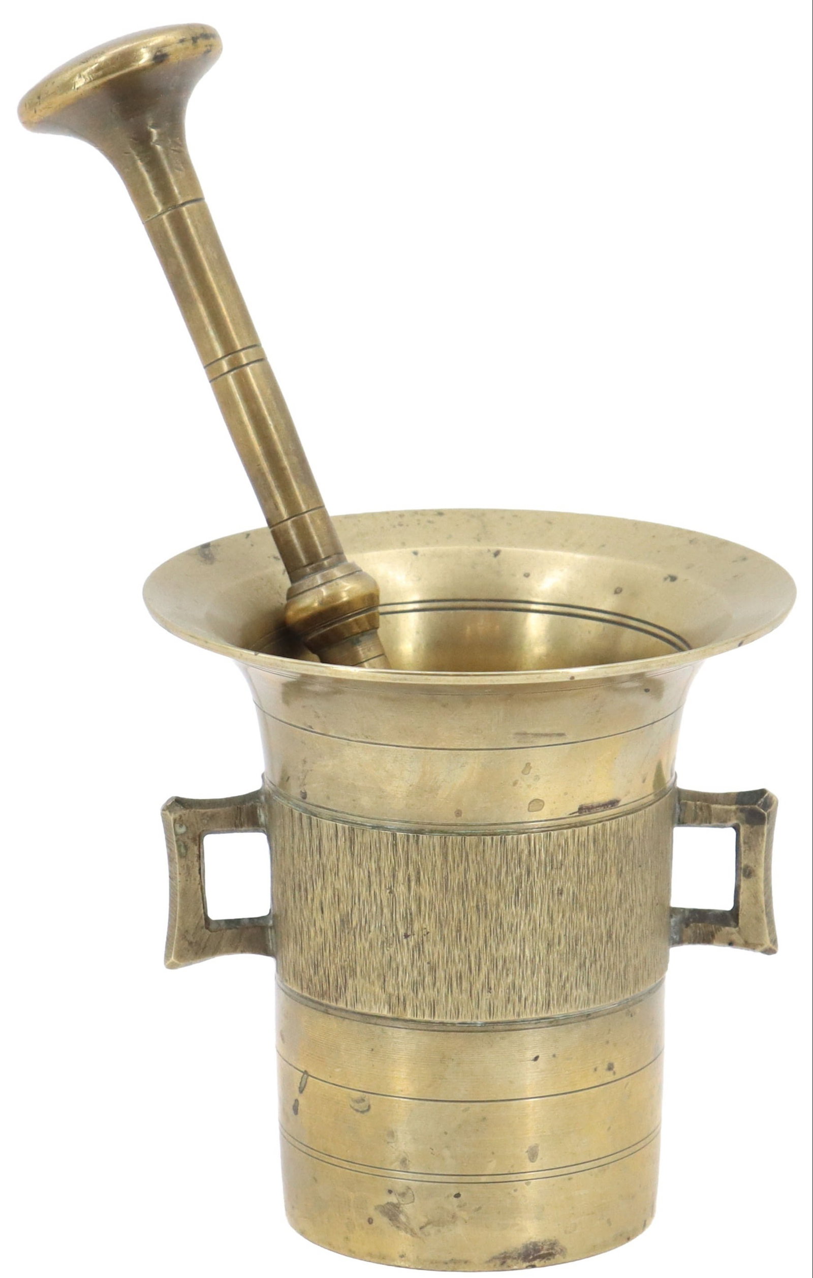 Antique Brass Mortar and Pestle: Antique Brass Mortar and Pestle. Antique brass or bronze apothecary mortar and pestle featuring a flared rim, linear incised details, a textured central band, and two small rectangular handles. Size: 