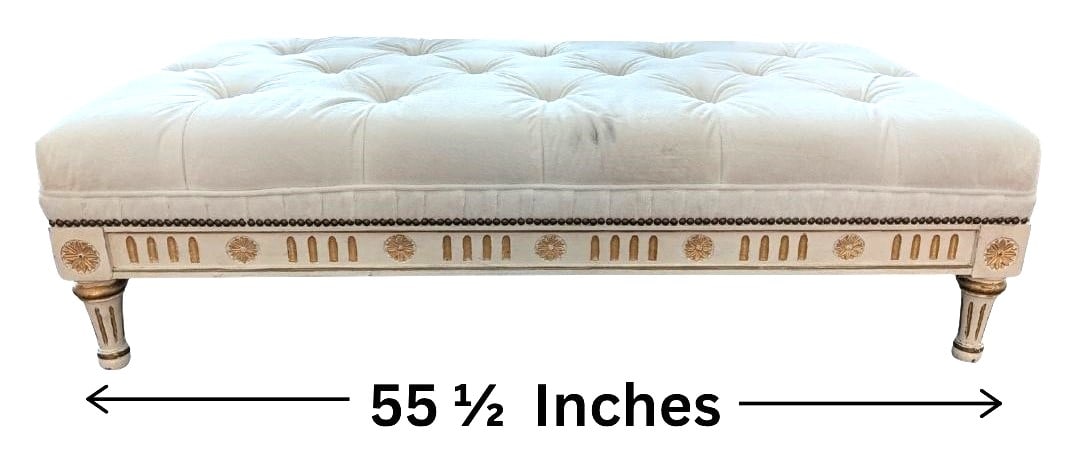 Vintage Neoclassical-Inspired Tufted Low Ottoman Bench: Vintage Neoclassical-Inspired Tufted Low Ottoman Bench. At little over a foot high and over four feet long, this piece features a cream-colored button-tufted upholstery, nailhead trim along the b