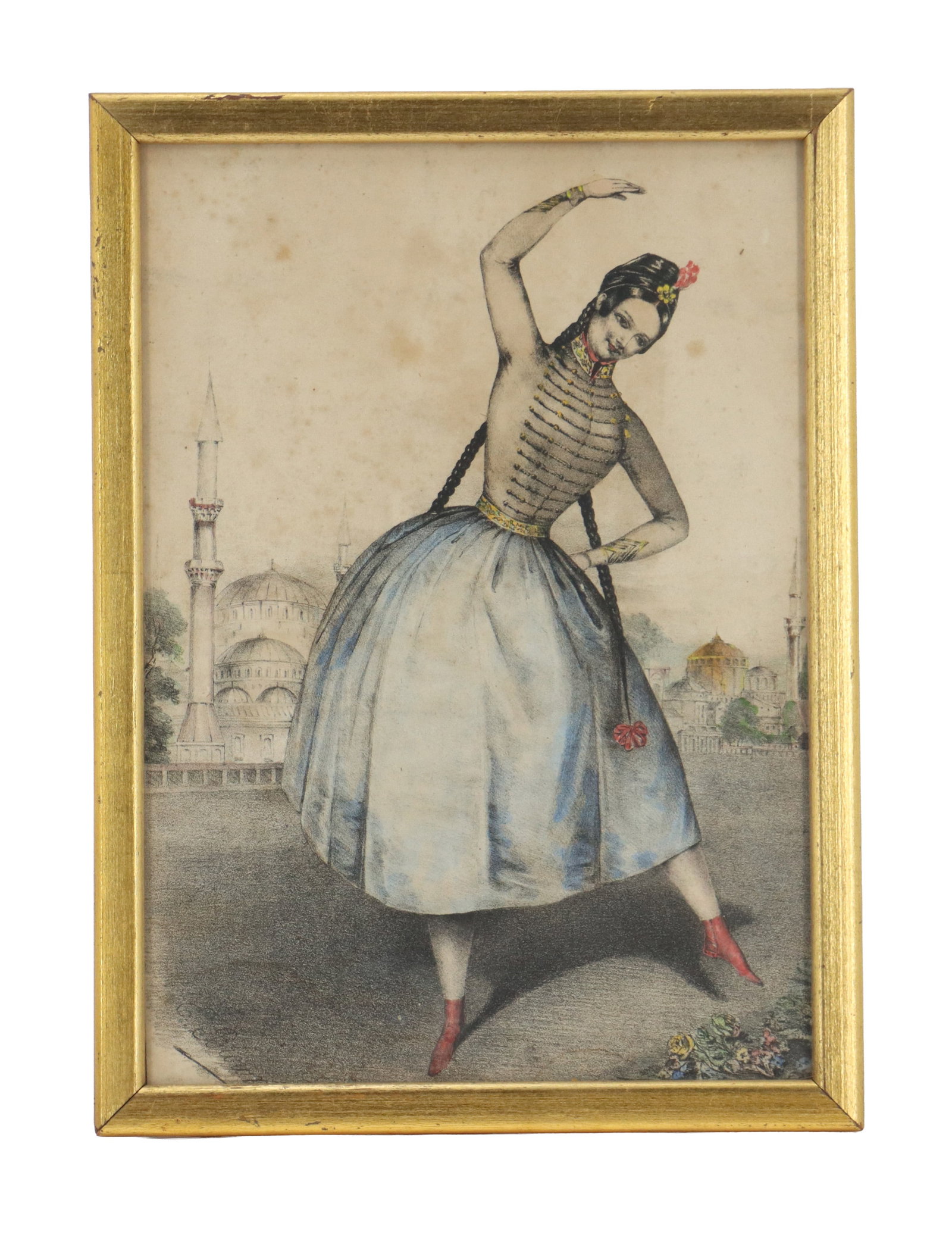 Attributed to J. Brandard Hand Colored Ballerina Lithograph: Attributed to J. Brandard Hand Colored Ballerina Lithograph. Depicts a prima ballerina performing in a Orientalist costume. The dancer is shown mid-pose wearing a hussar-style embroidered jacket 