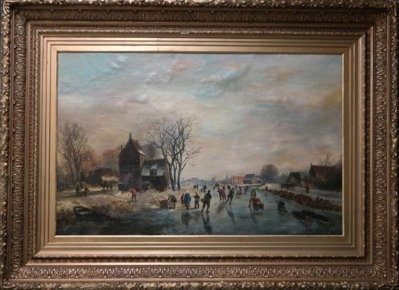 Monumental Dutch painting Willem Vester Skating Scene: Monumental Willem Vester (1824-1871) Haarlem Skating Scene. Winter Landscape with Figures. In very large, ornate frame. Frame itself is 6 inches deep. Oil on canvas 19th century signed verso on stretc