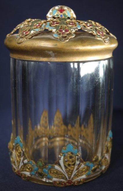 Champleve Humidor: Champleve Humidor with beautiful color- light blue, maroon, gilt bronze. Height:6.25 inches Diameter: 4 inches