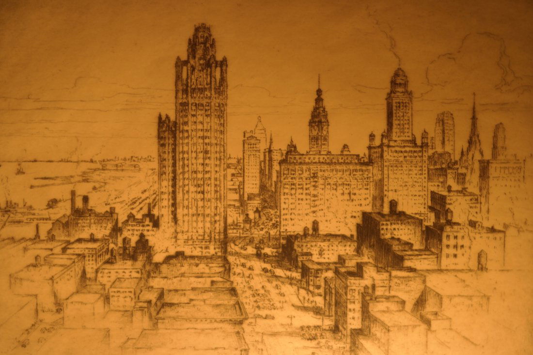Anton Schutz Etching of Chicago: Signed Anton Schutz Etching of Chicago Overall Size: 15 x 20 inches