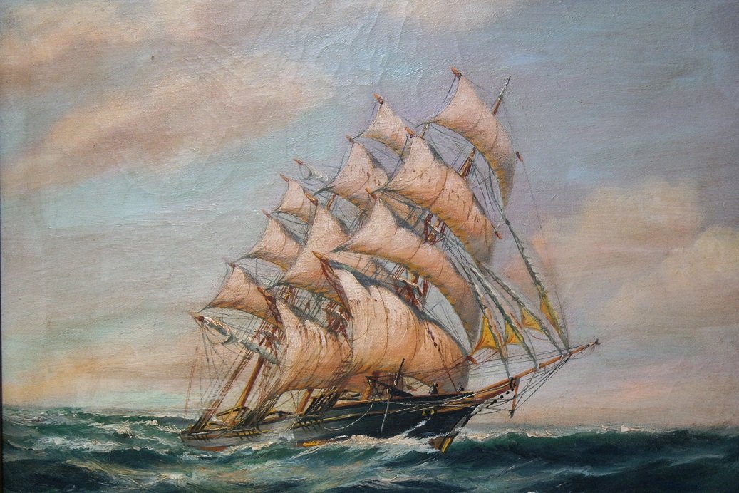 American oil on canvas painting signed George Wheatley: "At Good Speed" Well Listed Artist G.H. Wheatley Clipper Ship Painting. Oil on Canvas. Signed Lower Right. Overall Size: 20 x 24 inches