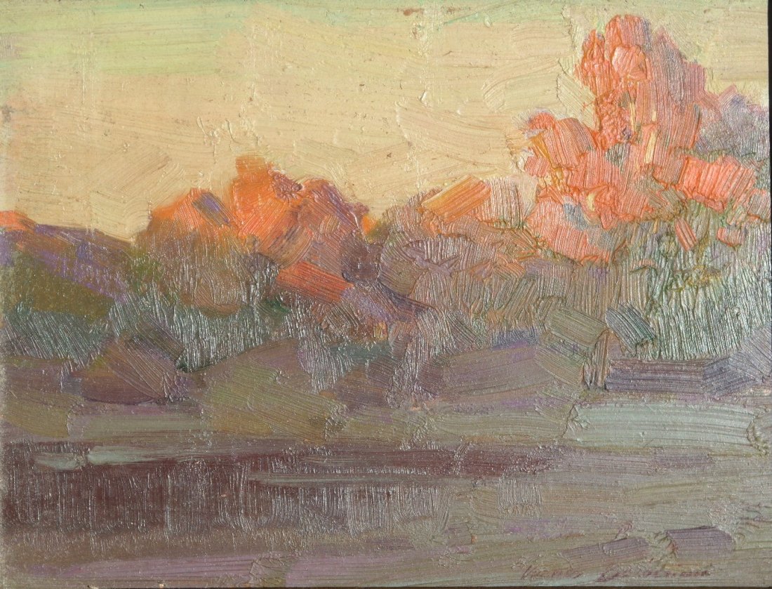 Russian/American Oil on board Ovanes Berberian "Sunset": Russian/American Oil on cardboard Well Listed Artist Ovanes Berberian "Sunset". " One of the shining stars in American art, Ovanes is a nationally renowned teacher and plein aire artist who has been a