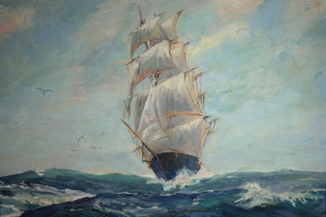 19th c. T. Bailey Signed Clipper ship Oil on Canvas: 19th century T. Bailey Signed Clipper ship oil on canvas. Signed Lower Right. Sight Size: 15.5 x 19 inches