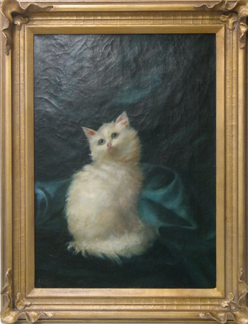 Mrs Frank Hale Cardell (American-NewYork 1853-1905): Mrs Frank Hale Cardell (American-NewYork 1853-1905) An elegant white cat. Signed Lower Left. Oil on Canvas. Overall Size: 27 x 21 inches.