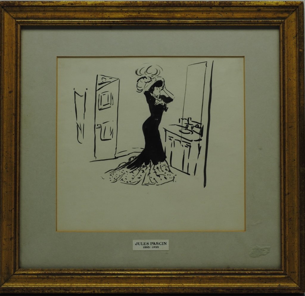 Antique French Jules Pascin Ink on Paper: Jules Pascin (1885-1925) Verso ex collection identified. Artist: Jules Pascin (1885-1925) Sight: 7.25 x 8 in Overall: 12 x 13 in Medium: Ink on Paper. From the ex-collection of Walter Bondy (Dec 28 18
