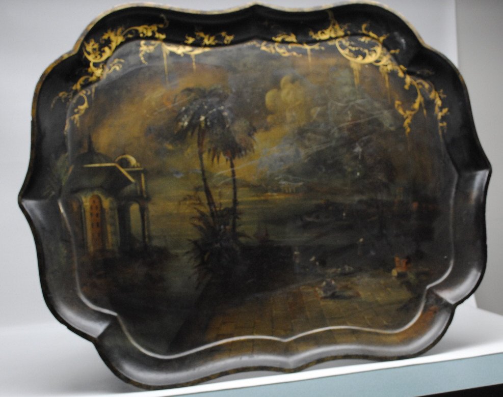 Large Lacquer Ware Tray Table: Large lacquer ware tray table with Mediterranean painting. Height: 20 inches. Width: 31 inches. Depth: 24 inches. Original Gilding. With Figures in prayer on foreground.