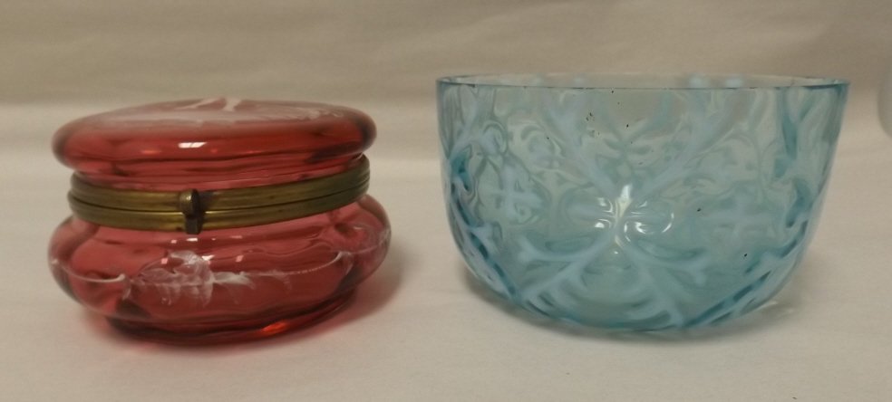 Lot of Mary Gregory Cranberry Box & Blue Bowl: Lot of Mary Gregory Cranberry Box and Blue glass Bowl