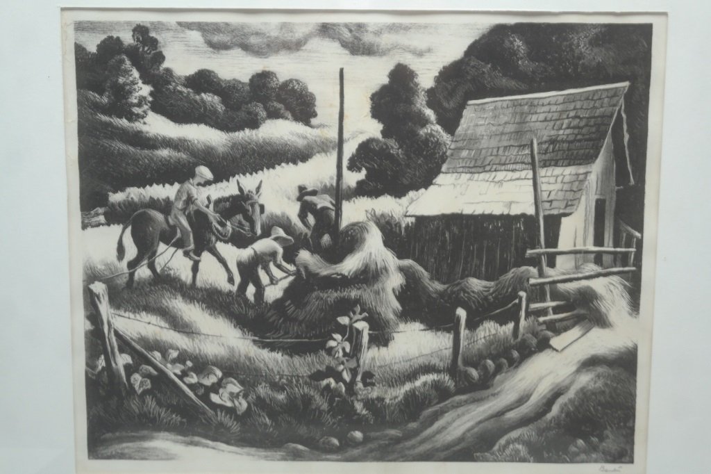 Thomas Hart Benton (1889-1973) Etching: Etching by Thomas Hart Benton (1889-1973) depicting a group of farmers stacking a bale of hay. Pencil signed in lower right corner. Sight Size: 9 in x 13 in