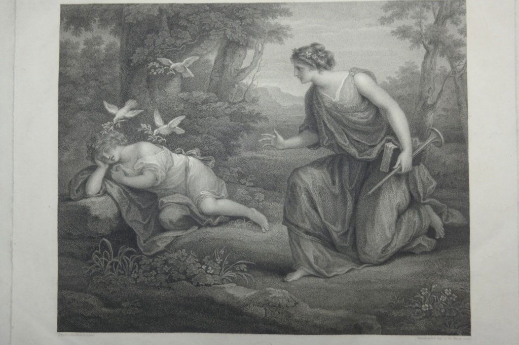 "Horace" Engraving: Engraving by Francesco Bartolozzi (1727-1815) of Angelica Kauffman's painting "Horace". With inscription " When young and tir'd with sport and play, And bound in pleasing sleep I lay. Doves covered me