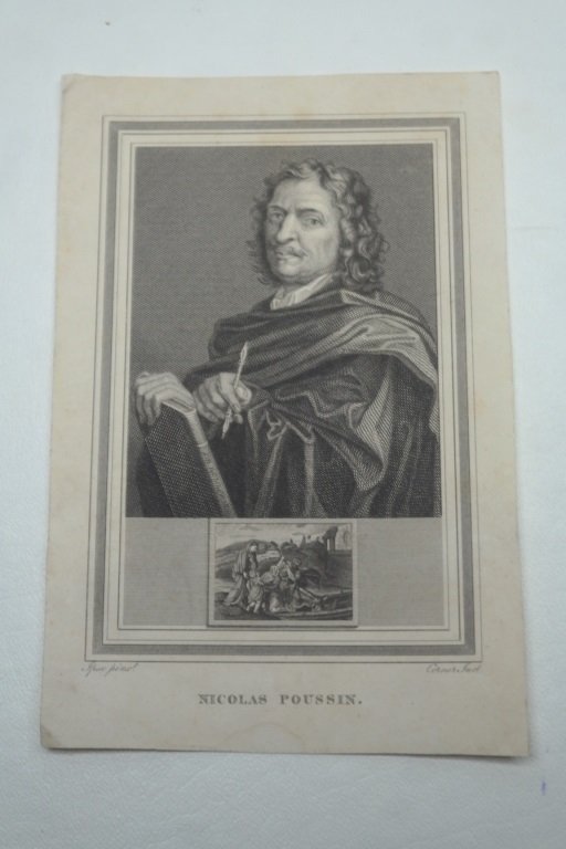 Portrait of Nicolas Poussin (1594-1665): Engraving of a self portrait by Nicolas Poussin a French biblical painter. With engraving of a smaller figural painting. Sight Size: 6 in x 4 in