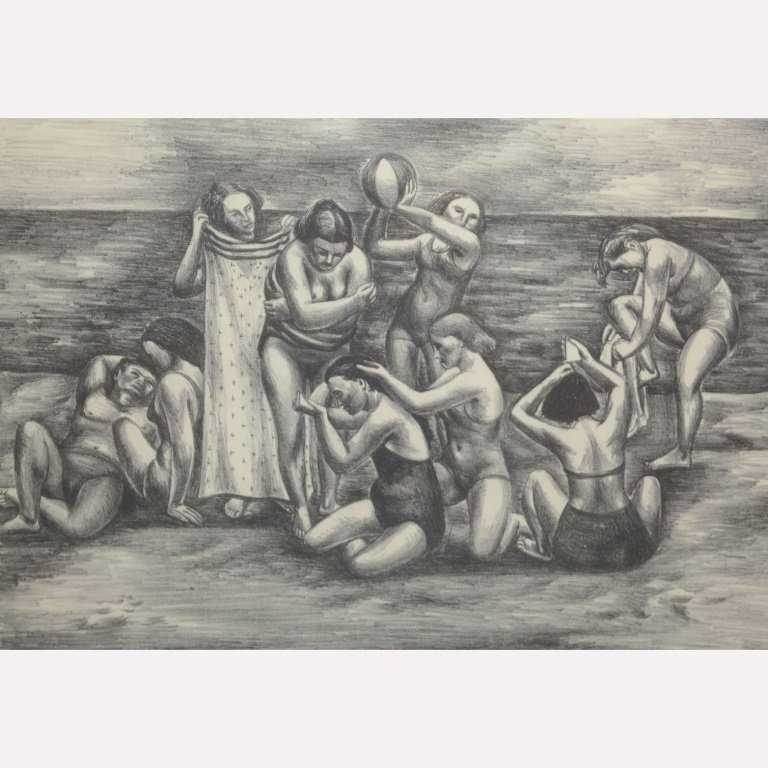 "Bathers" Etching by Edgar Burton: Etching titled "Bathers" by Edgar Burton. Having pencil title signed in lower left corner with pencil signature in lower right. Sight Size: 8.5 in x 12.5 in