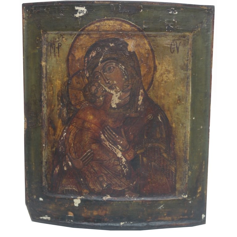 "Madonna and Child" 16th C Russian Icon: Sixteenth century Moscow school icon of the Madonna and child. Condition: Overpainting, loss to paint in areas. Size: 12.5 x 10.5 in