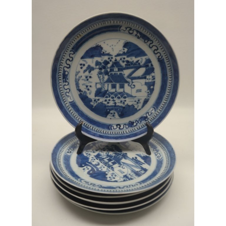 Chinese 19th C. Set of 6 Nanking Plates: Set of 6 blue and white porcelain plates having under glaze paint. Also having architectural motifs. Condition: Minor chips to rims. Diameter: 8.5 inches