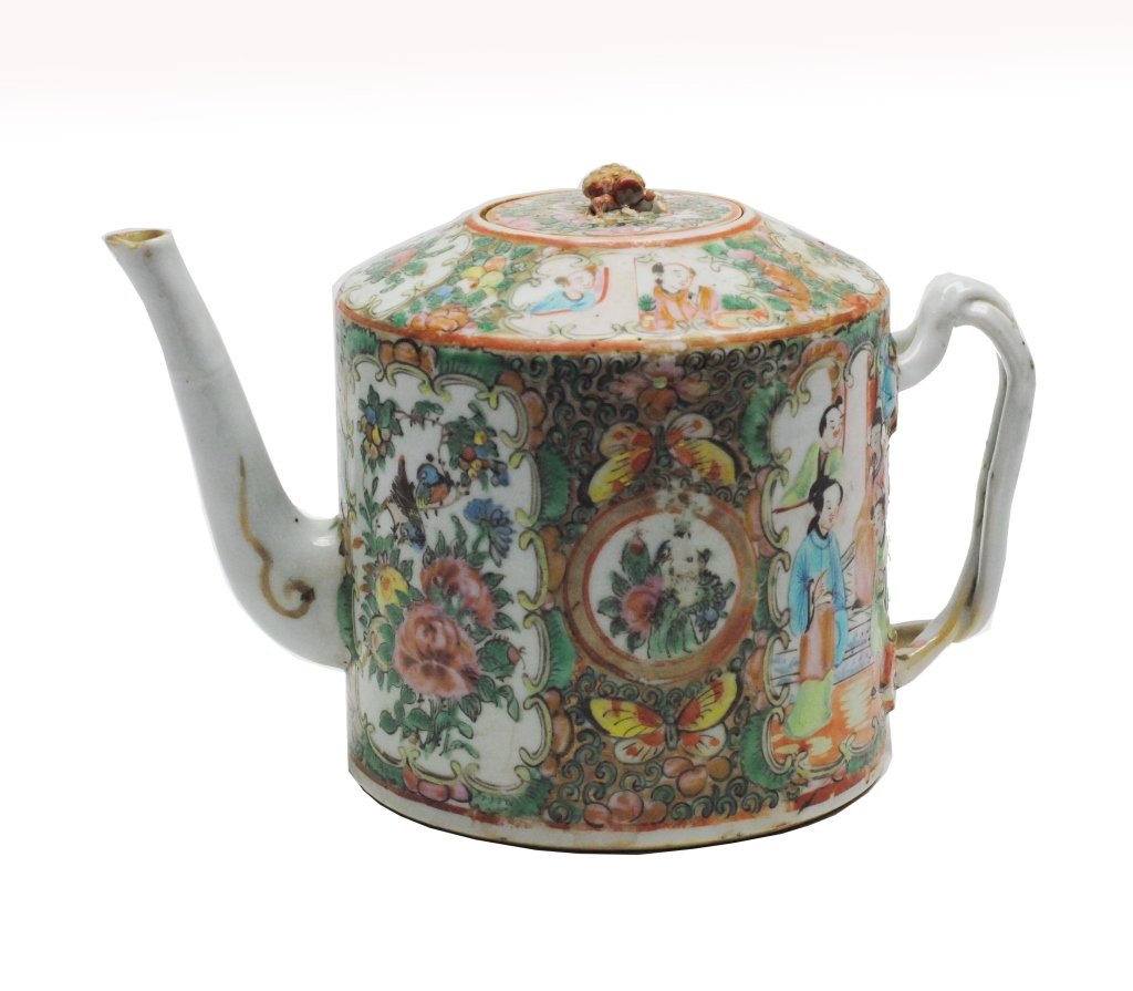 Antique Rose Medallion Tea Pot: Antique rose medallion tea pot having finial in form of stylized hermit crab. Also having imagery of stylized peonies.