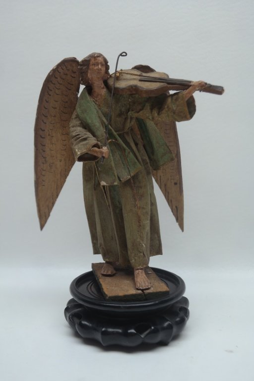 Antique Carved Angel: Antique carved angel having violin. Height: 10 in Size: 10" h