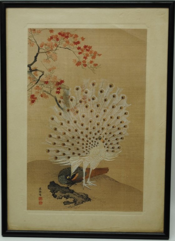 Framed Print of Peacock by Okyo Maruyama: Small framed hand tinted woodblock depicting male and female peacock. With calligraphy and seal signature. Sight Size: 12 x 8 in