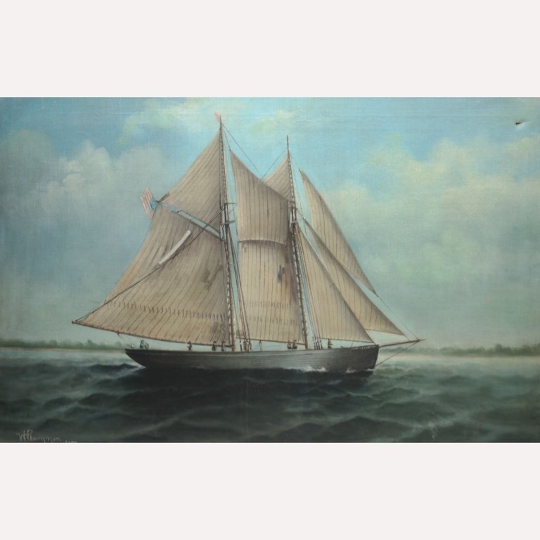20th C. William Henry Plummer (b. circa 1838): 1921 oil on canvas by William Henry Plummer depicting a clipper ship. Having signature in lower left corner. Sight Size: 19 x 29.5 in. Condition: Having hole in upper right to canvas. Also having evid