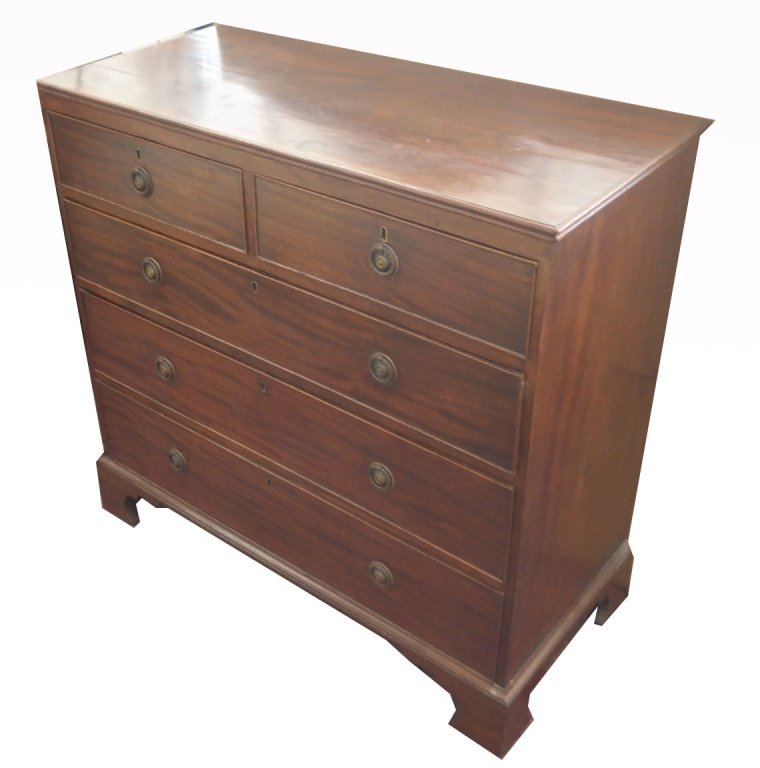 Antique 18th Century English Chest of Drawers: Circa 1760 English Chest of drawers having circular escutcheons and pulls. Dimensions: 37.5 x 39 x 18 in